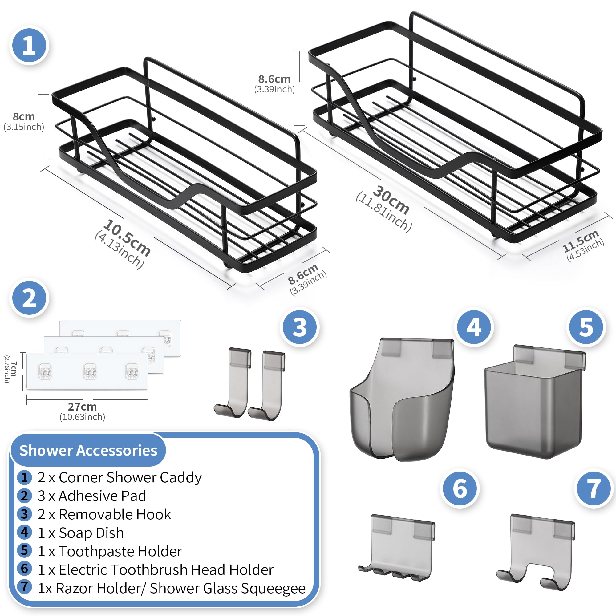 XCPPLV Shower Caddy Adhesive Bathroom, 2 Pack Shower Organizer Stainless Steel, Black Shower Shelves for Inside Shower Rustproof Shower Rack with Hooks for Bathroom, Kitchen, Toilet