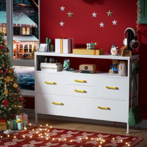 YILQQPER White Dresser for Bedroom Dresser, TV Stand with 6 Drawers, Bedroom Dresser with Power Outlets and LED Light, Fabric Dressers & Chests of Drawers with Shelves, Side Pockets & Hooks for 45" TV