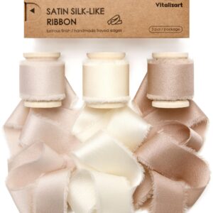 Vitalizart Silk Satin Ribbon 1 Inch x 15 Yard Wooden Spool Champagne & Nude Handmade Frayed Ribbon for Gift Wrapping Baby Shower Wedding Bridal Bouquets Holiday Decor Light Brown