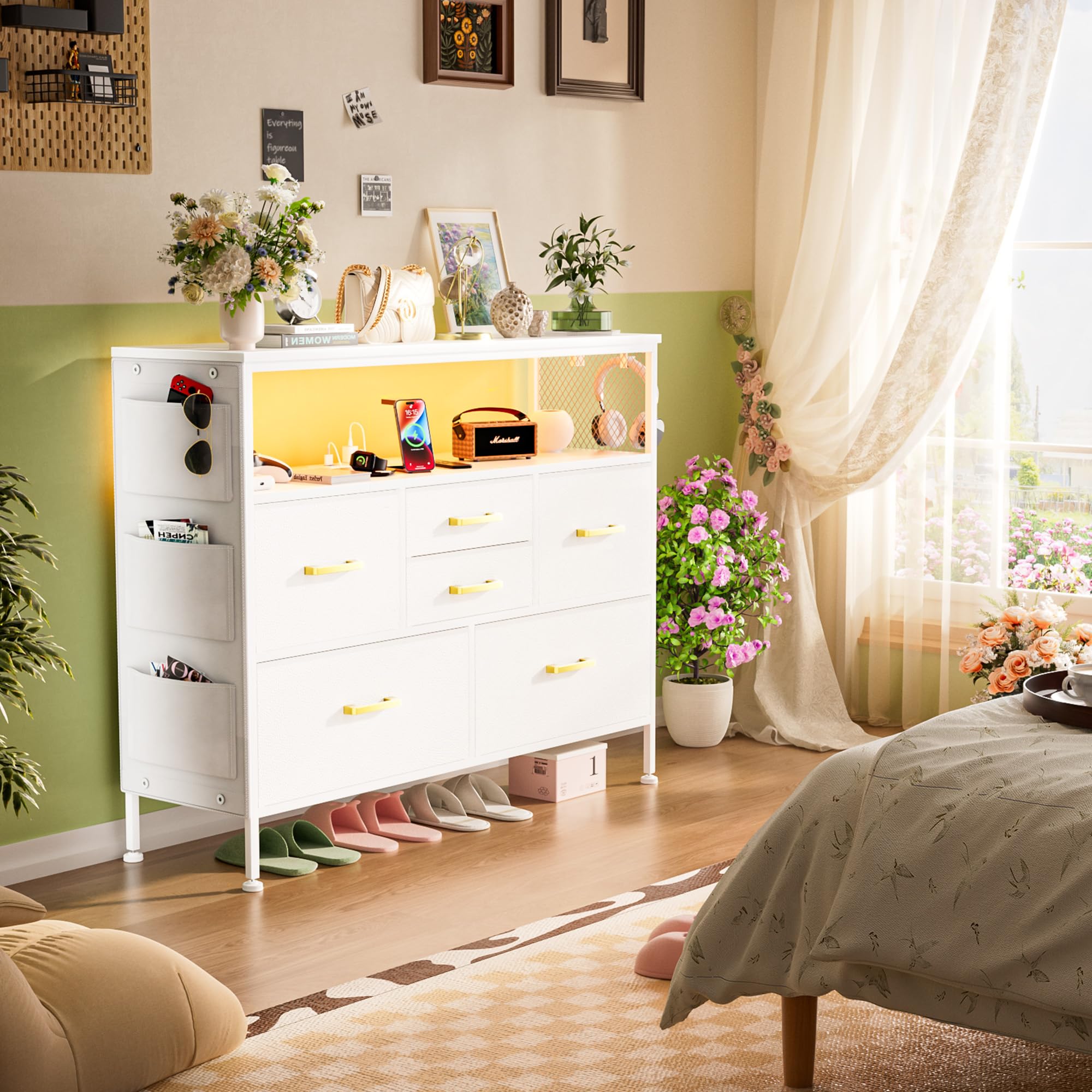 YILQQPER White Dresser for Bedroom Dresser, TV Stand with 6 Drawers, Bedroom Dresser with Power Outlets and LED Light, Fabric Dressers & Chests of Drawers with Shelves, Side Pockets & Hooks for 45" TV