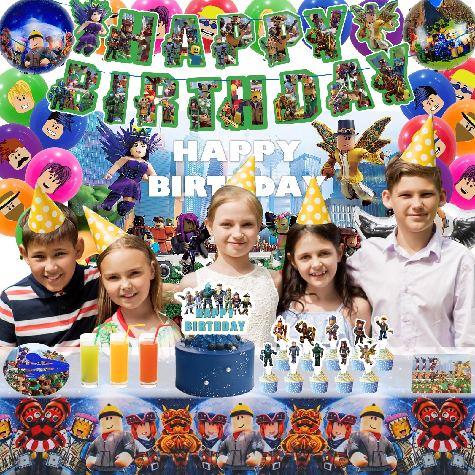 Birthday Party Supplies, Party Decorations Include Happy Birthday Banner, Backdrop, Tableware Set, Tablecloth, Cake Toppers, Cupcake Toppers, Latex Balloons, Hanging Swirls, Aluminium balloon