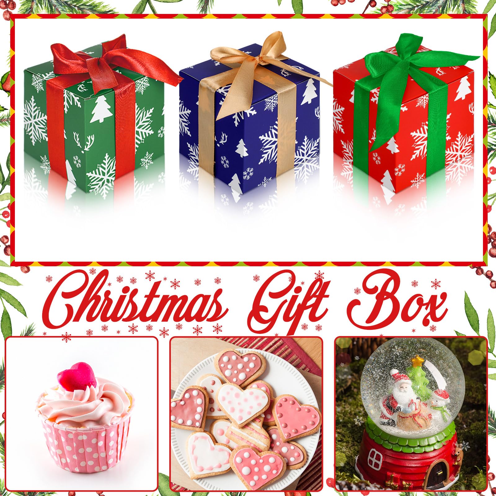 Fulmoon 48 Pcs Christmas Gift Boxes with Lids Small Squared Boxes with Ribbon Bow 4x4x4 Inch Holiday Gift Boxes Snowflake Christmas Tree Deer Horn Small Gift Boxes for Christmas Holiday Party