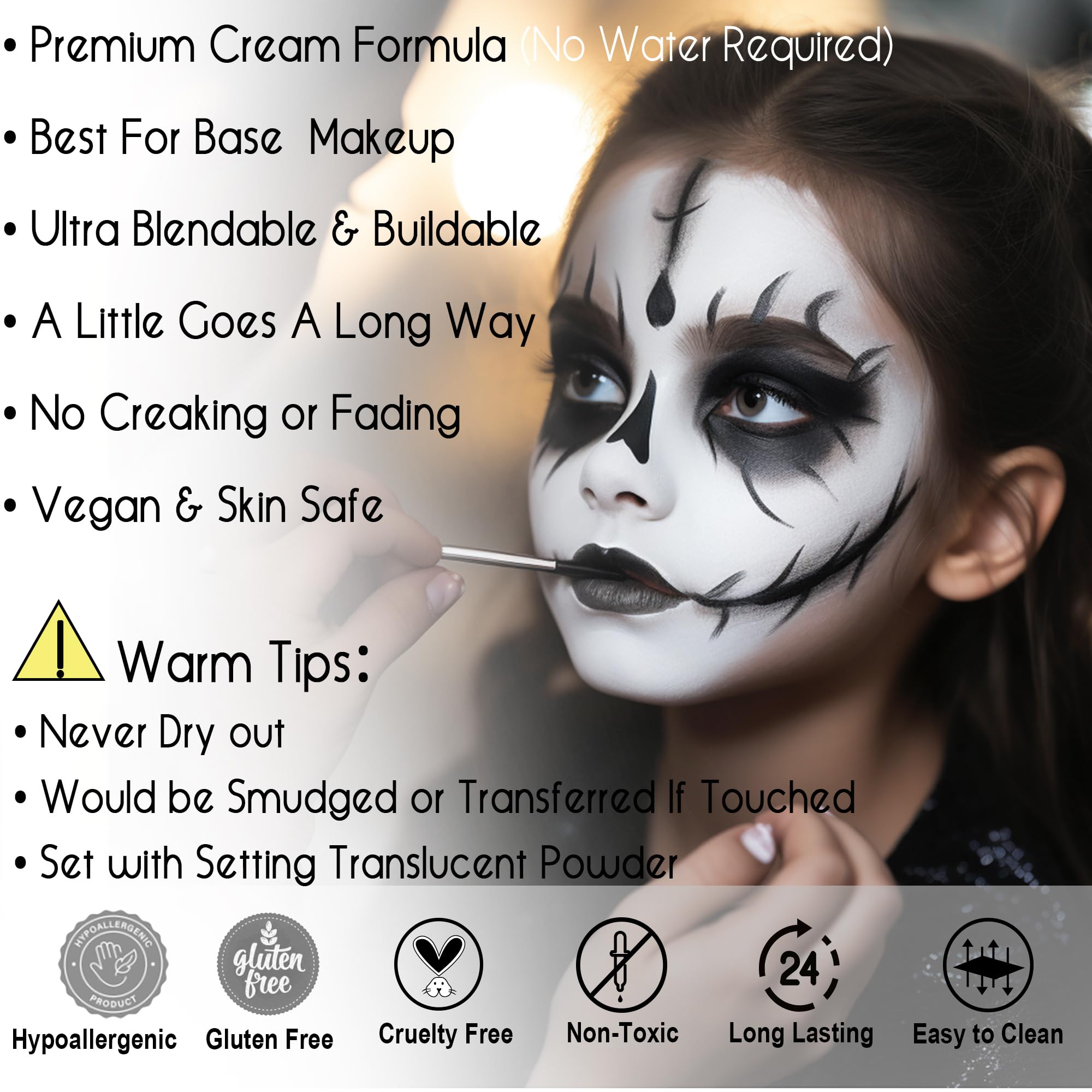 CCbeauty Halloween Makeup 7.4oz Large Black White Cream Face Paint Set with 10 Sponges, Non Toxic Body Painting Kit for Adult Dress Up Mime Skeleton Skull Costume Cosplay Makeup