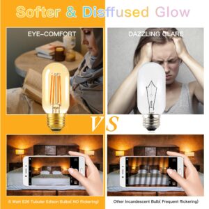 Genixgreen Dimmable E26 LED Bulb 60 Watt Equal 6W Amber Tube Light Bulb, T14/T45 Vintage Filament Edison Bulb for Wall Sconces Ceiling Fan, Pendant Warm White 600Lm,Soft White 2200K,120V 4 Pack