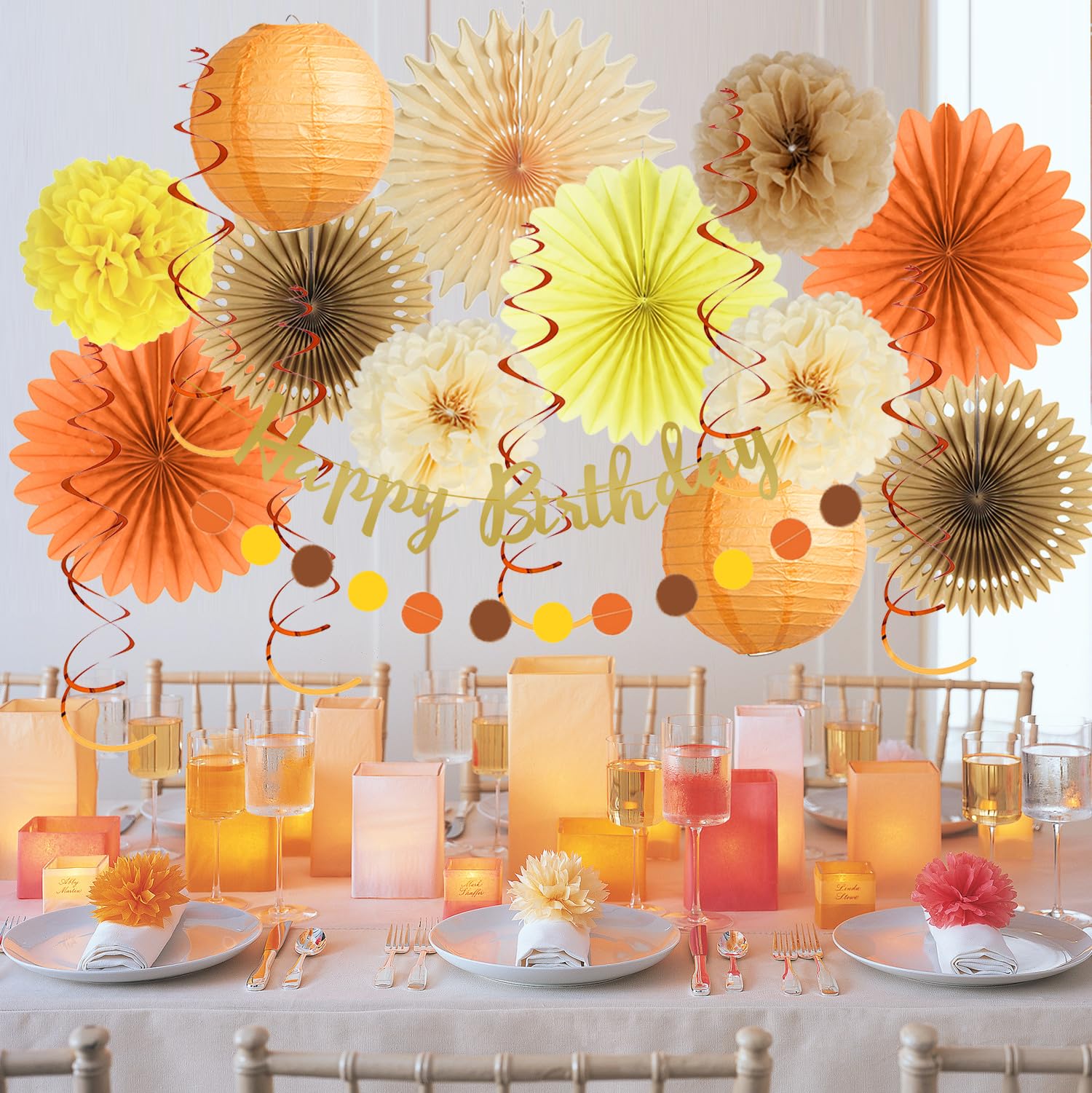 Fall Birthday Decorations Girl Rustic Nature Autumn Birthday Party Decorations Paper Fans Brown Orange Cream Tissue Pom Poms Lanterns with Happy Birthday Banner Gold Paper Circle Garland for Women