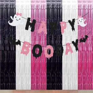 Pink Halloween Party Decorations, 3 Packs Pink Black White Backdrops Streamer Foil Fringe Tinsel Curtains, Cow Print Photo Booth Props for Girl Halloween Cow Print Birthday Party Decorations