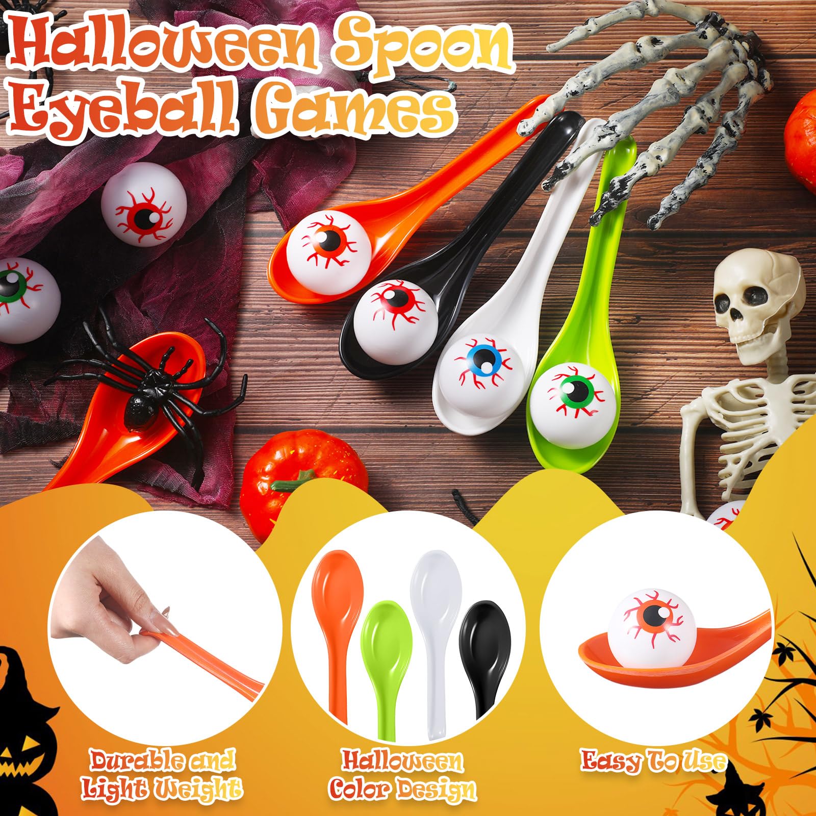 Liliful 24 Pcs Halloween Egg and Spoon Race Game Eyeball Spoon and Spoon Race Game Set for Halloween Party Favor Supplies Adults Indoor Outdoor Classroom Activities(Blue, Orange, Red, Green)