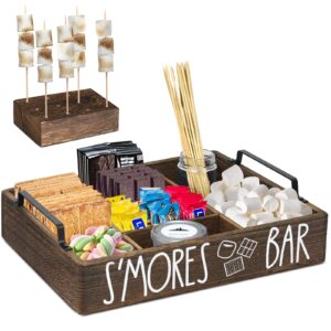 wooden s'mores station box s'mores bar holder for counter, farmhouse smores caddy tray organizer for kitchen decor tabletop, wood camping bbq smores accessories storage organizer for party brown