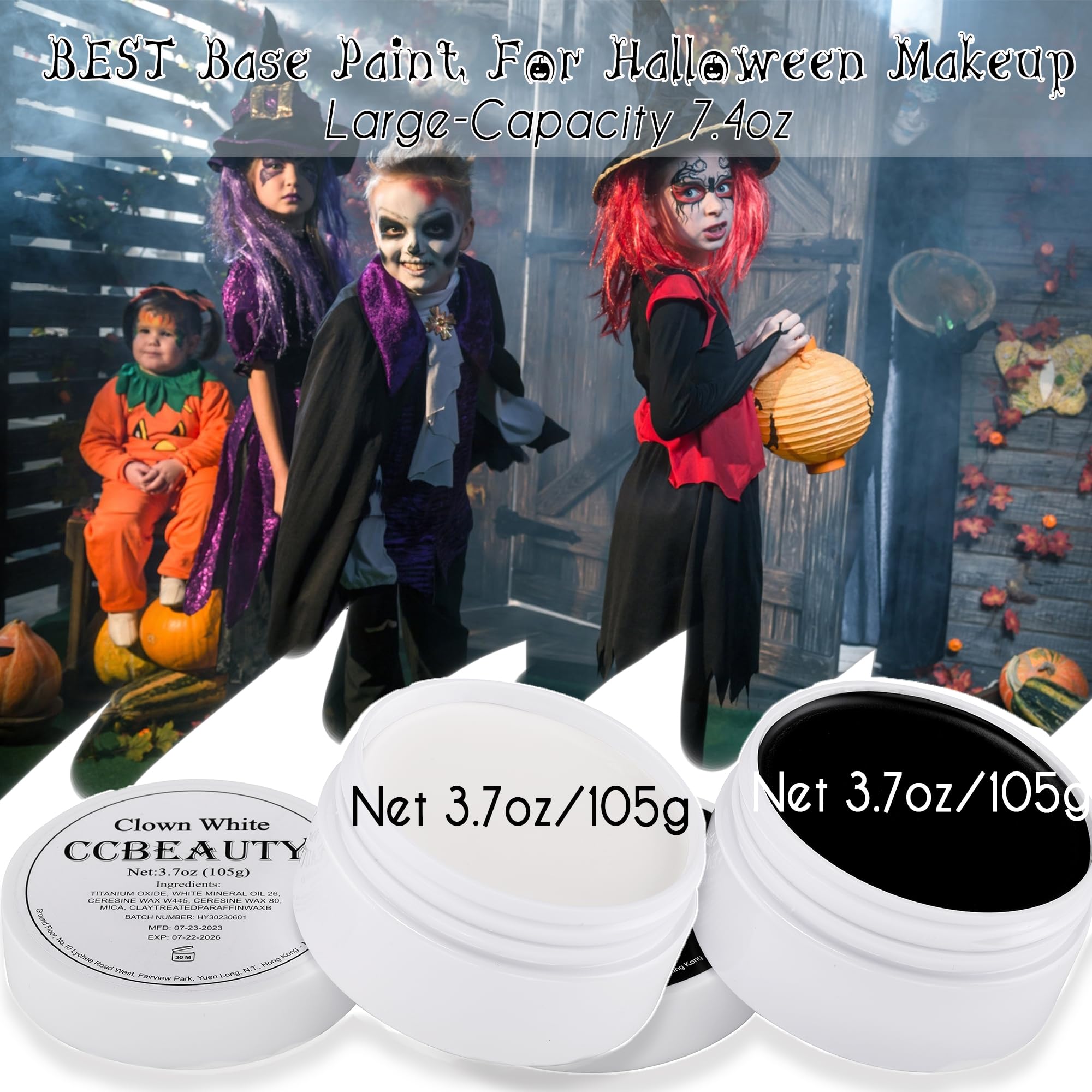 CCbeauty Halloween Makeup 7.4oz Large Black White Cream Face Paint Set with 10 Sponges, Non Toxic Body Painting Kit for Adult Dress Up Mime Skeleton Skull Costume Cosplay Makeup