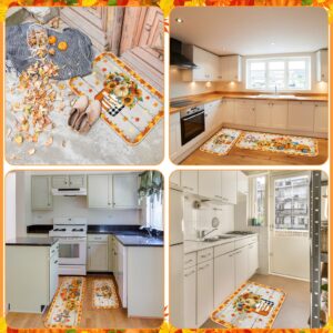 Suttmin 2 Pieces Thanksgiving Fall Kitchen Rugs Hello Fall Mats Pumpkin Sunflower Orange Maple Leaf Mat Floor Rug for Holiday Autumn Thanksgiving Home Decor, 17 x 29 Inches, 17 x 47 Inches