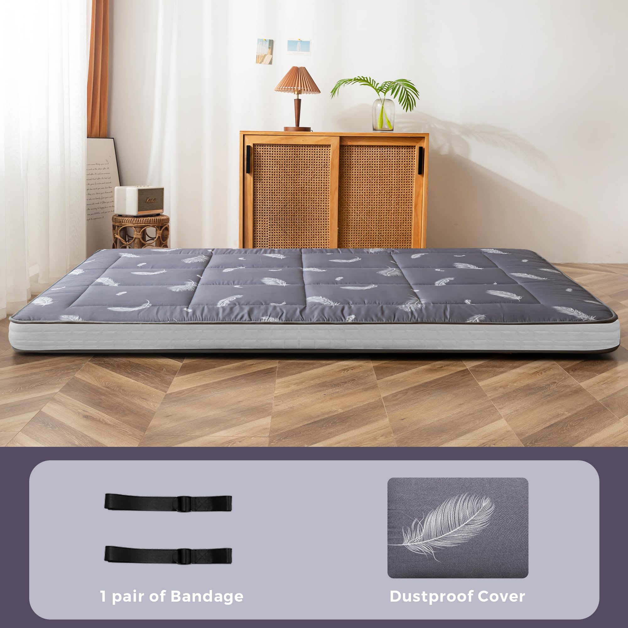 YOSHOOT 6 Inch Extra Thick Japanese Futon Floor Mattress, Foldable Mattress Tatami Pad Mattress for Adults Floor Bed Roll Up Mattress Guest Mattress, Grey Feather, Full