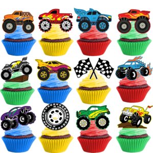 25 PCS Monster Truck Trucks Theme Birthday Party Cake Topper Cupcake Toppers Supplies Decorations Favors Decor Cute Gifts for Games Boys Girls Kids Teen Baby Shower Rewards Prizes Carnival Themed