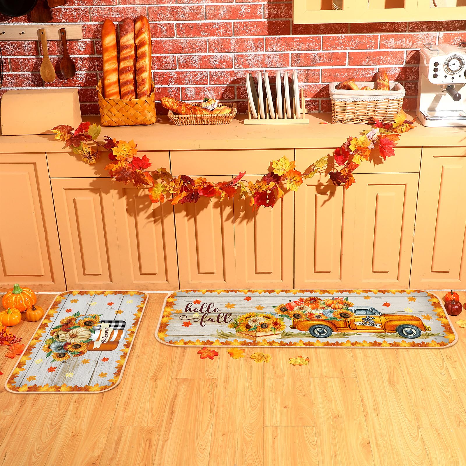 Suttmin 2 Pieces Thanksgiving Fall Kitchen Rugs Hello Fall Mats Pumpkin Sunflower Orange Maple Leaf Mat Floor Rug for Holiday Autumn Thanksgiving Home Decor, 17 x 29 Inches, 17 x 47 Inches