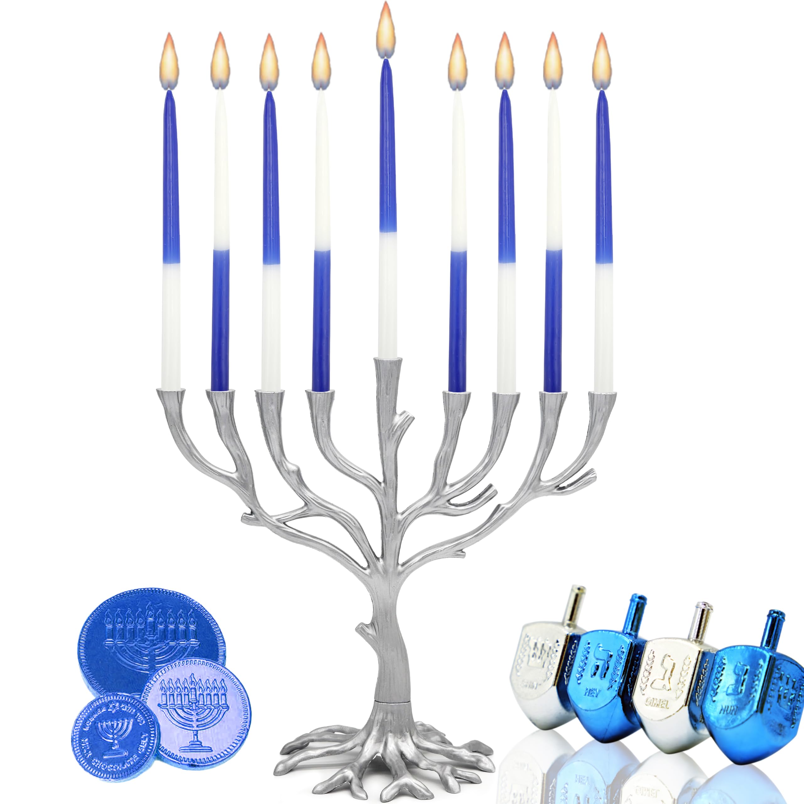 The Dreidel Company Deluxe Tapered Hanukkah Menorah Half and Half Navy Blue and White, Candles for All 8 Nights of Chanukah (Single)