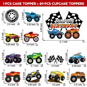 25 PCS Monster Truck Trucks Theme Birthday Party Cake Topper Cupcake Toppers Supplies Decorations Favors Decor Cute Gifts for Games Boys Girls Kids Teen Baby Shower Rewards Prizes Carnival Themed