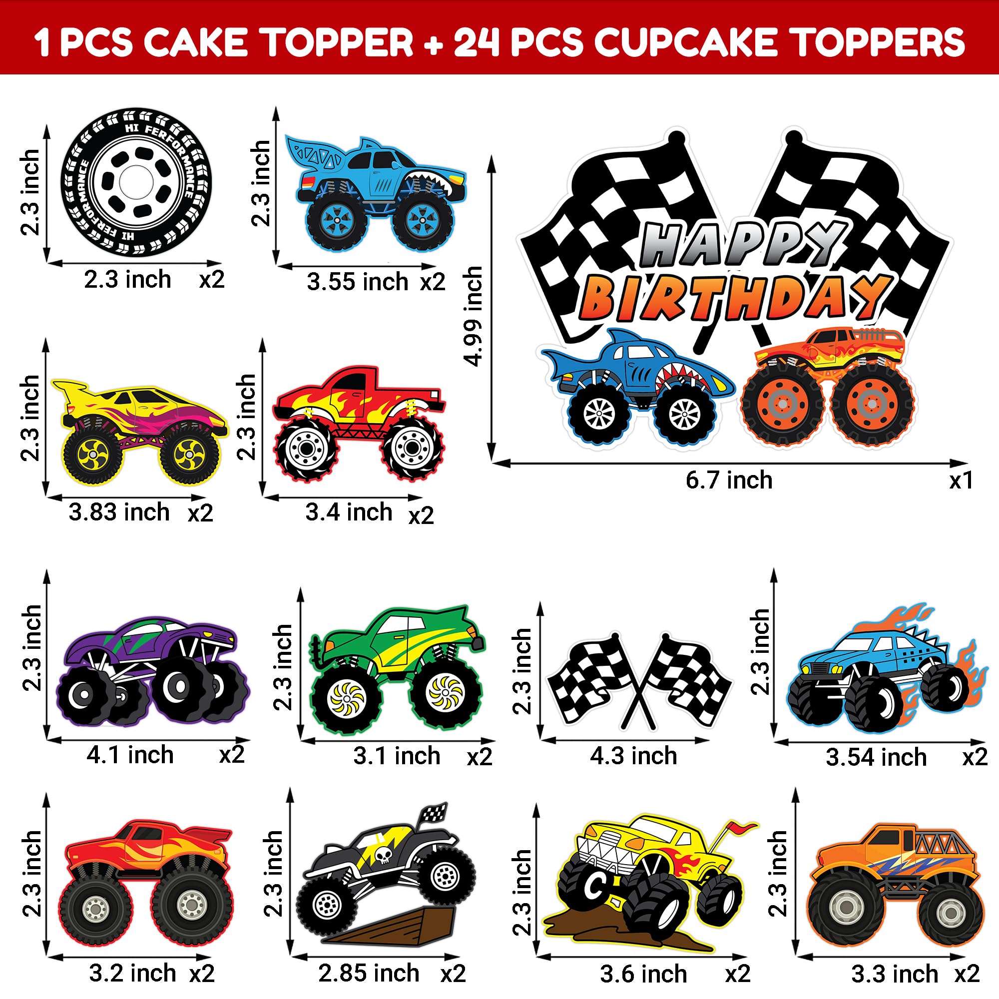 25 PCS Monster Truck Trucks Theme Birthday Party Cake Topper Cupcake Toppers Supplies Decorations Favors Decor Cute Gifts for Games Boys Girls Kids Teen Baby Shower Rewards Prizes Carnival Themed