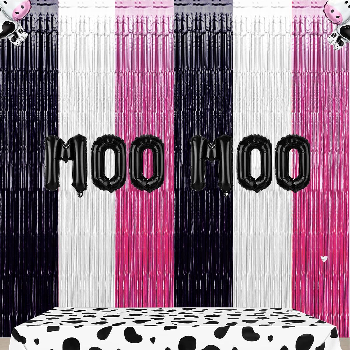 Pink Halloween Party Decorations, 3 Packs Pink Black White Backdrops Streamer Foil Fringe Tinsel Curtains, Cow Print Photo Booth Props for Girl Halloween Cow Print Birthday Party Decorations