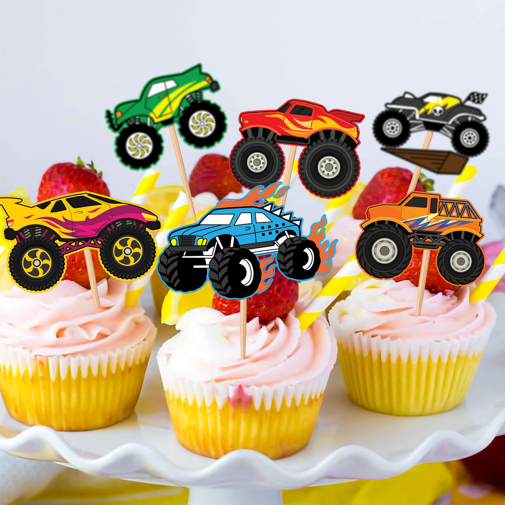 25 PCS Monster Truck Trucks Theme Birthday Party Cake Topper Cupcake Toppers Supplies Decorations Favors Decor Cute Gifts for Games Boys Girls Kids Teen Baby Shower Rewards Prizes Carnival Themed