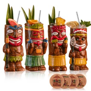 sun gkotta cocktail tiki mugs set of 4 - exotic mug with 4 coasters and 4 straws，cute ceramic hawaiian style cocktail glasses for party and tropical tiki bar，mai tai cocktail drinkware (glossy)