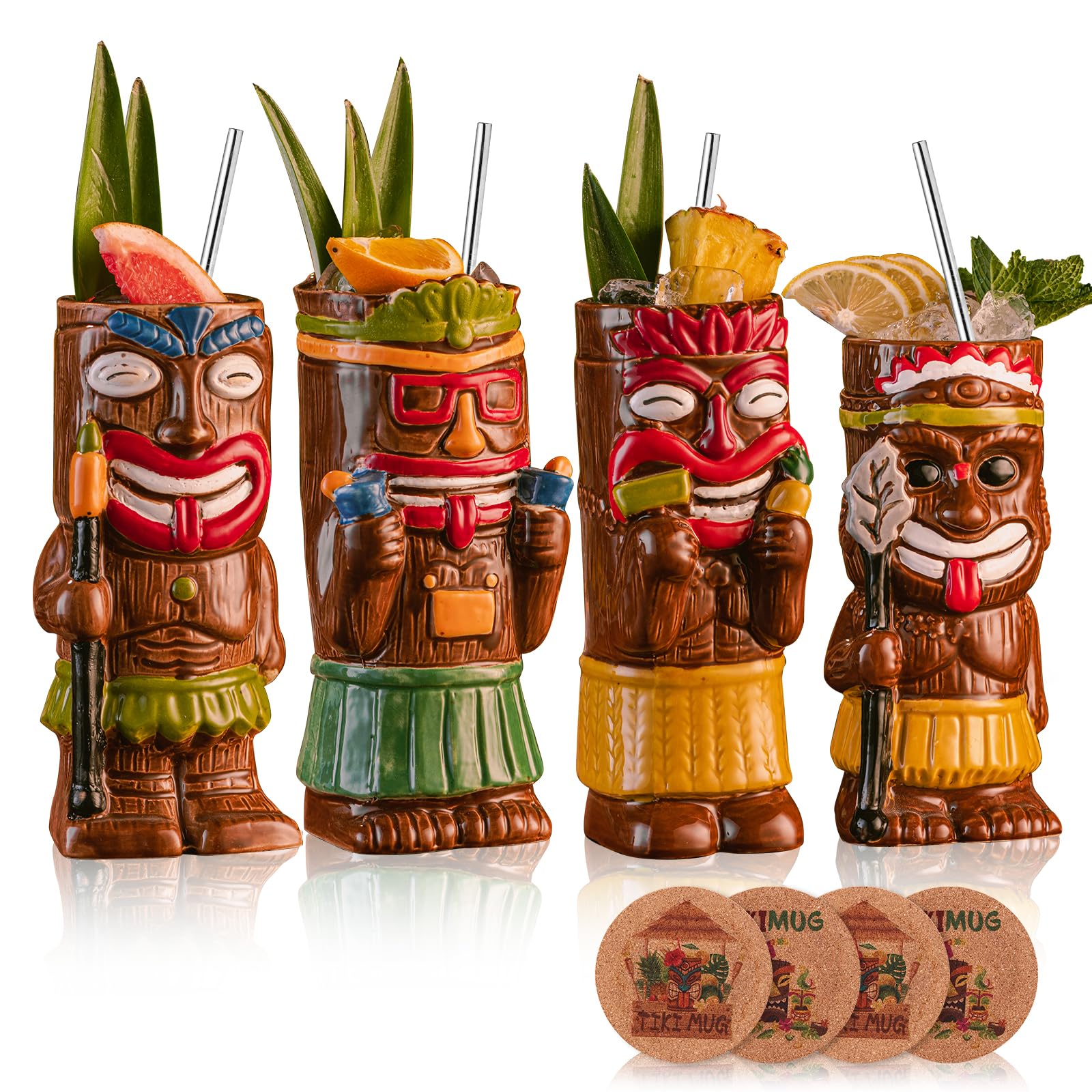 SUN GKOTTA Cocktail Tiki Mugs Set Of 4 - Exotic Mug With 4 Coasters And 4 Straws，Cute Ceramic Hawaiian Style Cocktail Glasses For Party And Tropical Tiki Bar，Mai Tai Cocktail Drinkware (Glossy)