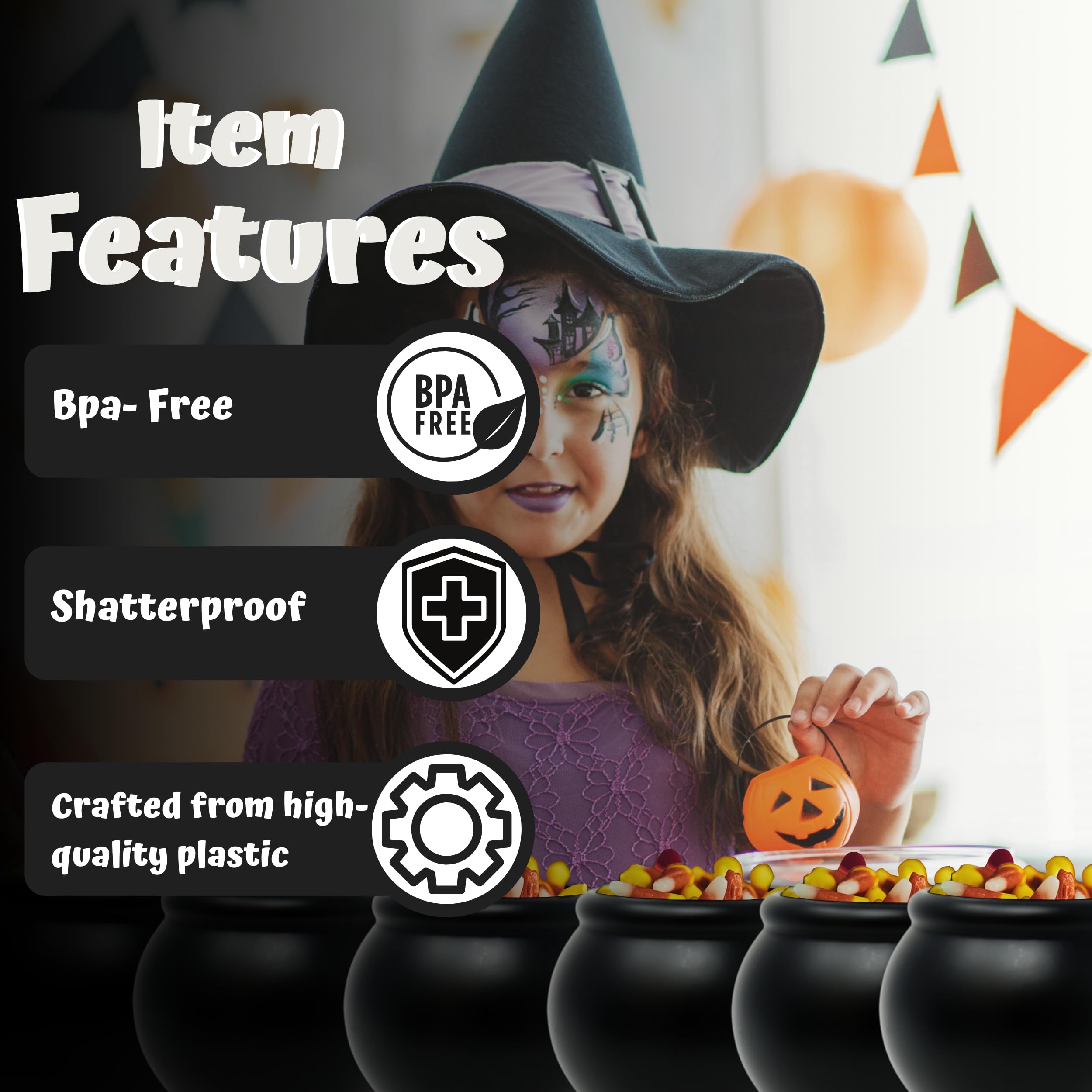 4E's Novelty Set of 12 Black Cauldron Mugs 12 oz, Halloween Cauldron Cups for Drinks - Durable BPA-Free Plastic Halloween Mugs, Witch Mug Party Favors, Spooky Halloween Mugs, Decor Table Party Favors