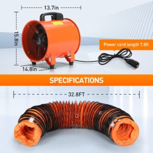 Rengue Utility Blower/Exhaust with 32.8ft Hose Fan, 1900 or 2800r/min Two Modes Heavy Duty Blower Fan 12 Inches High Velocity Ventilation Extraction and Ventilation Fan with Duct Hose