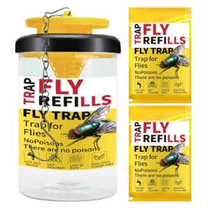 reusable outdoor hanging fly trap bottles with 2 natural bait refill | hanging anywhere for backyard, patio, garbage cans, farms, barns and more | fly catcher | fly bait