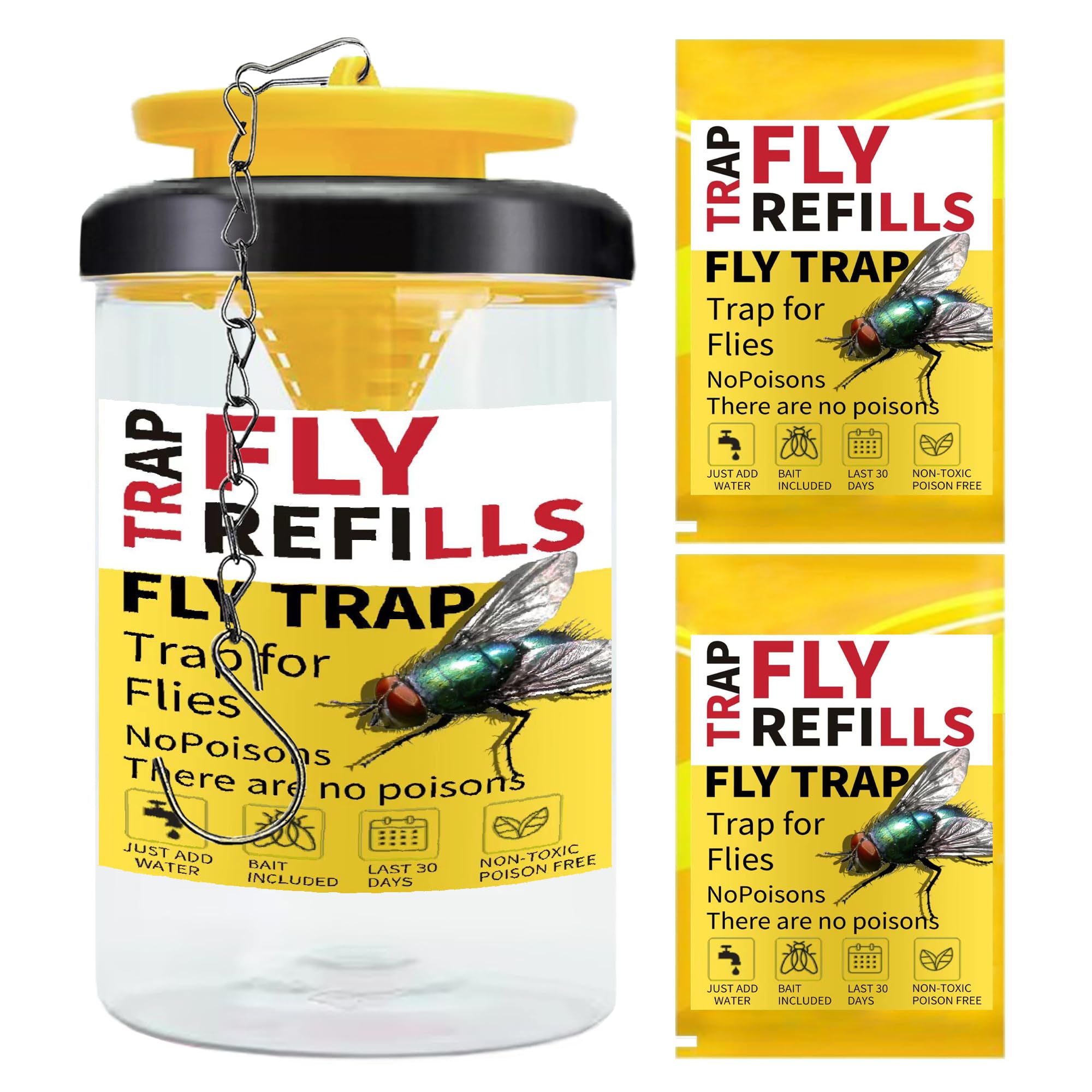 Reusable Outdoor Hanging Fly Trap Bottles with 2 Natural Bait Refill | Hanging Anywhere for Backyard, Patio, Garbage Cans, Farms, Barns and More | Fly Catcher | Fly Bait