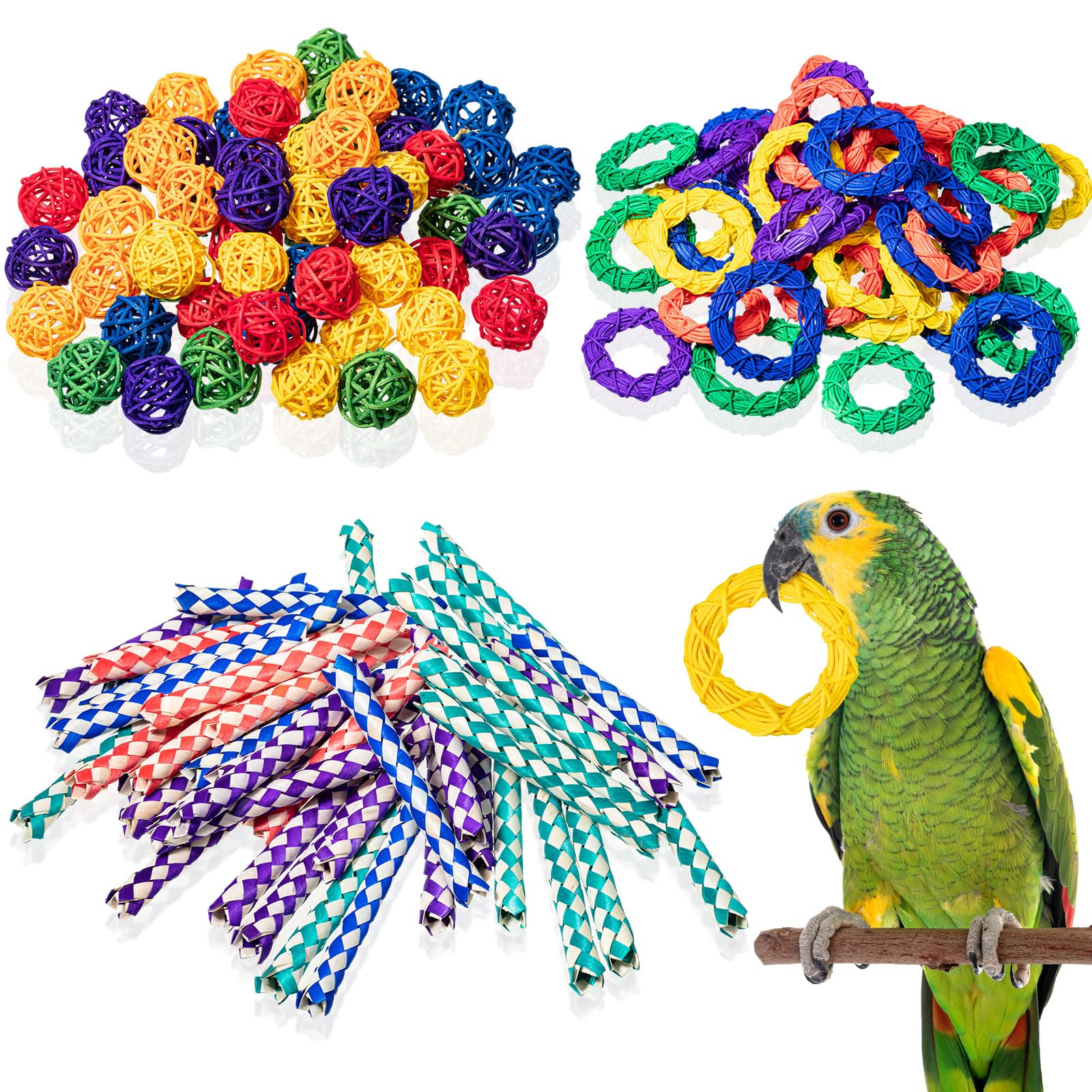 Hiboom 200 Pcs Bird Toys with 100 Finger Traps 60 Rattan Balls Parrot Wicker Balls and 40 Bird Vine Rings, Cockatiel Toys Parakeet Chewing Toys Pet Cage Toys for Budgies, Cockatoos, Parakeets