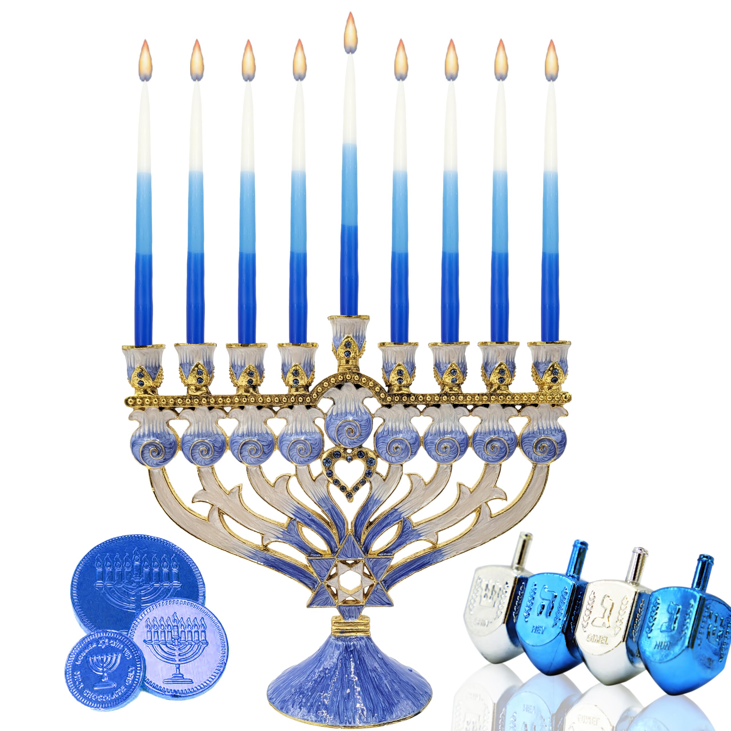 The Dreidel Company Deluxe Tapered Hanukkah Menorah Tri Color Blue, Blue, and White, Candles for All 8 Nights of Chanukah (Single)