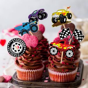 25 PCS Monster Truck Trucks Theme Birthday Party Cake Topper Cupcake Toppers Supplies Decorations Favors Decor Cute Gifts for Games Boys Girls Kids Teen Baby Shower Rewards Prizes Carnival Themed