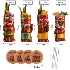 SUN GKOTTA Cocktail Tiki Mugs Set Of 4 - Exotic Mug With 4 Coasters And 4 Straws，Cute Ceramic Hawaiian Style Cocktail Glasses For Party And Tropical Tiki Bar，Mai Tai Cocktail Drinkware (Glossy)