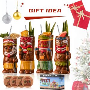 SUN GKOTTA Cocktail Tiki Mugs Set Of 4 - Exotic Mug With 4 Coasters And 4 Straws，Cute Ceramic Hawaiian Style Cocktail Glasses For Party And Tropical Tiki Bar，Mai Tai Cocktail Drinkware (Glossy)