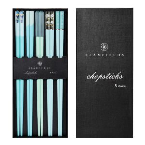 chopsticks reusable dishwasher safe, glamfields 5 pairs 9.5 inches premium chop sticks set for sushi, ramen, asian cuisine, matte non-slip with gift case, light blue