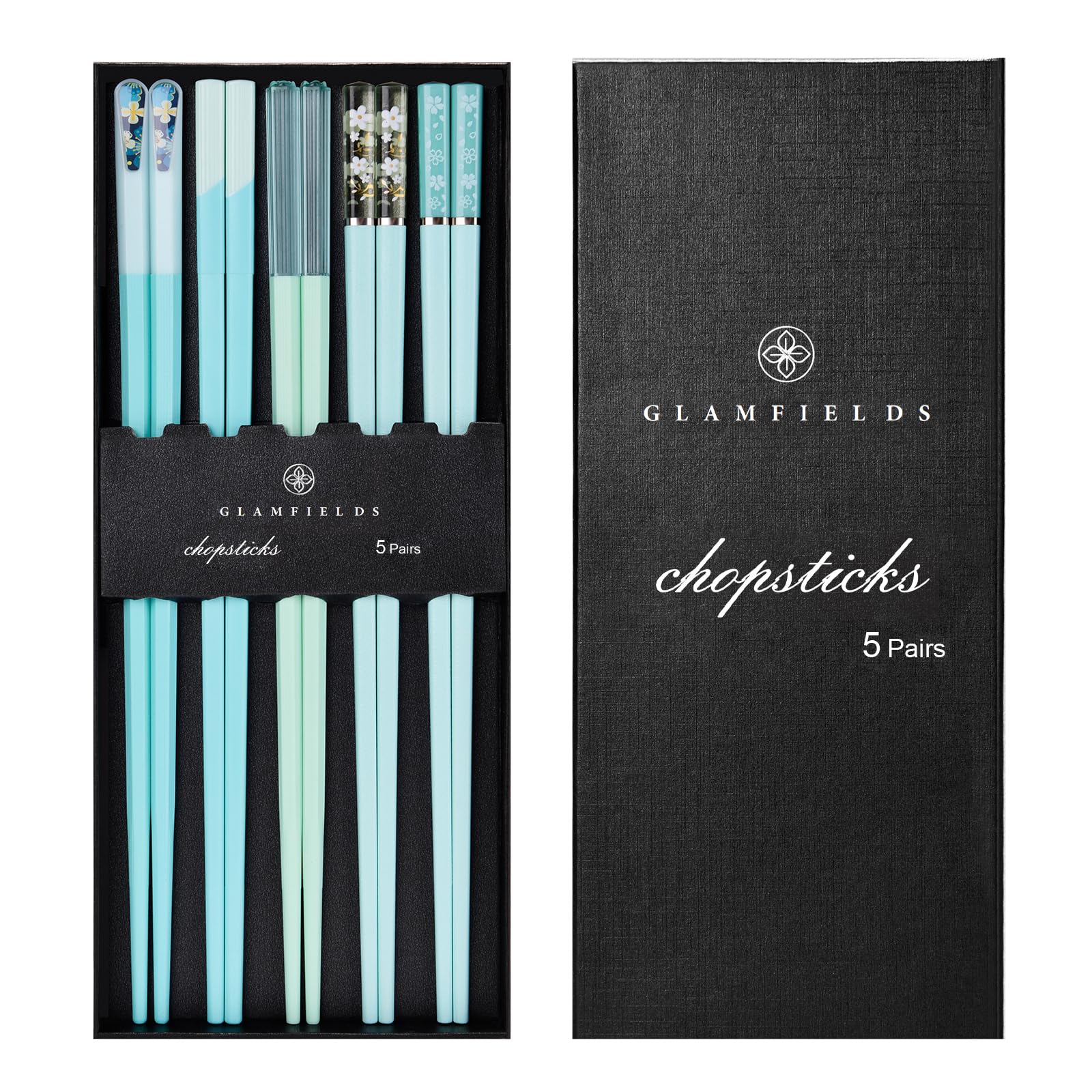 Chopsticks Reusable Dishwasher Safe, GLAMFIELDS 5 Pairs 9.5 Inches Premium Chop Sticks Set for Sushi, Ramen, Asian Cuisine, Matte Non-slip with Gift Case, Light Blue