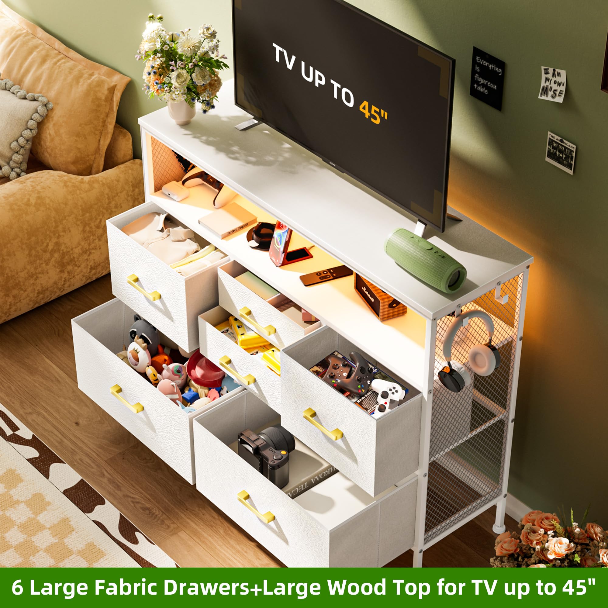 YILQQPER White Dresser for Bedroom Dresser, TV Stand with 6 Drawers, Bedroom Dresser with Power Outlets and LED Light, Fabric Dressers & Chests of Drawers with Shelves, Side Pockets & Hooks for 45" TV