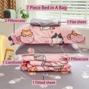 Gusuhome 7 Piece Girls Cats Comforter Set Twin Size Bed in A Bag Pink Cute Cartoon Pet Cat Bedding Set for Kids Boys Teens (1 Comforter, 1 Flat Sheet, 1 Fitted Sheet, 4 Pillow Sham) Gray