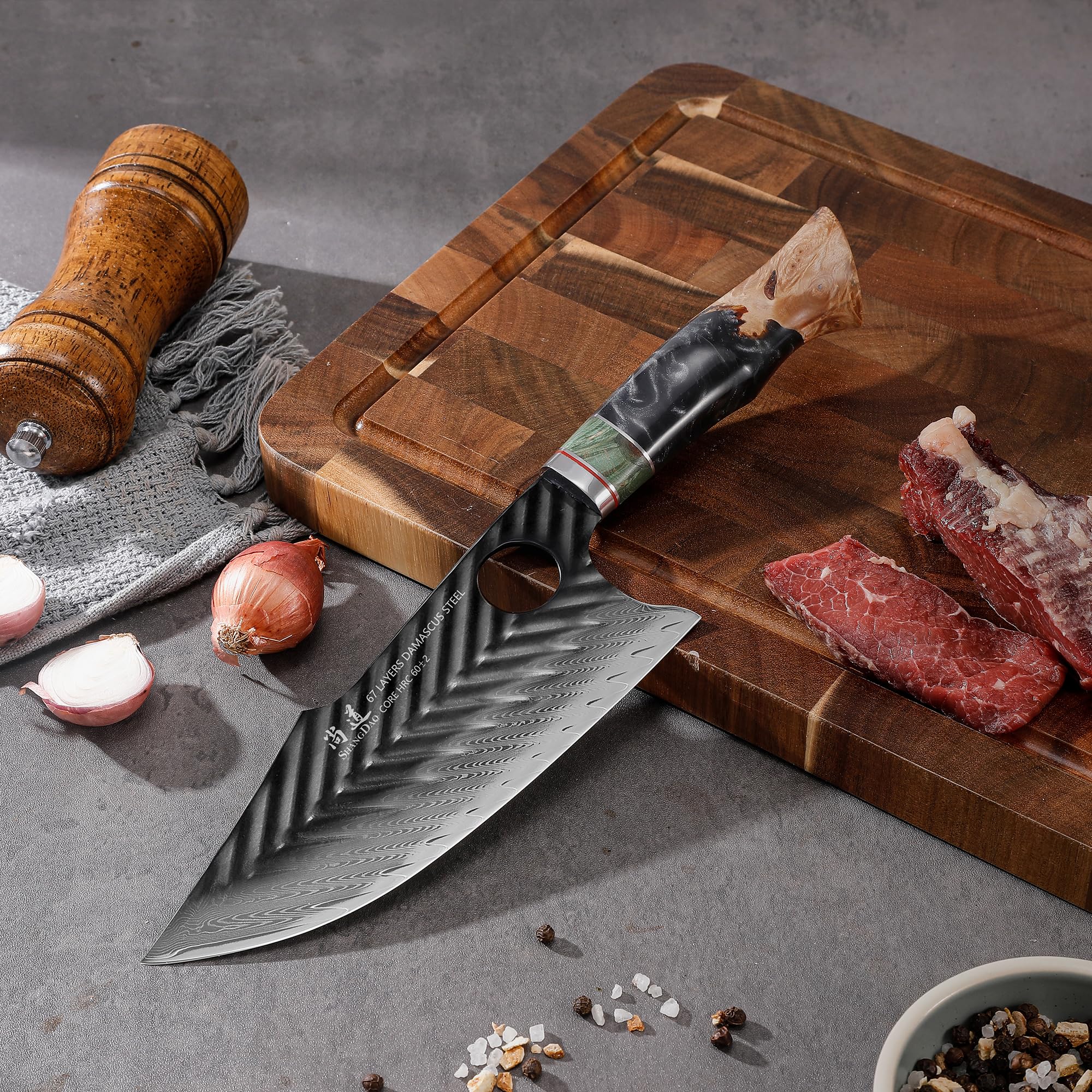 SHANGDAO Damascus Butcher Knife 7 Inch, Viking Cleaver Kitchen Knives with Leather Sheath - 67 Layers Alloy Steel with Professional Hand Forged Resin & Wood Handle QILIN Series