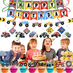 25 PCS Monster Truck Trucks Theme Birthday Party Cake Topper Cupcake Toppers Supplies Decorations Favors Decor Cute Gifts for Games Boys Girls Kids Teen Baby Shower Rewards Prizes Carnival Themed