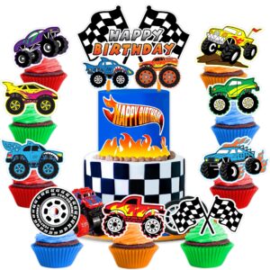 25 pcs monster truck trucks theme birthday party cake topper cupcake toppers supplies decorations favors decor cute gifts for games boys girls kids teen baby shower rewards prizes carnival themed