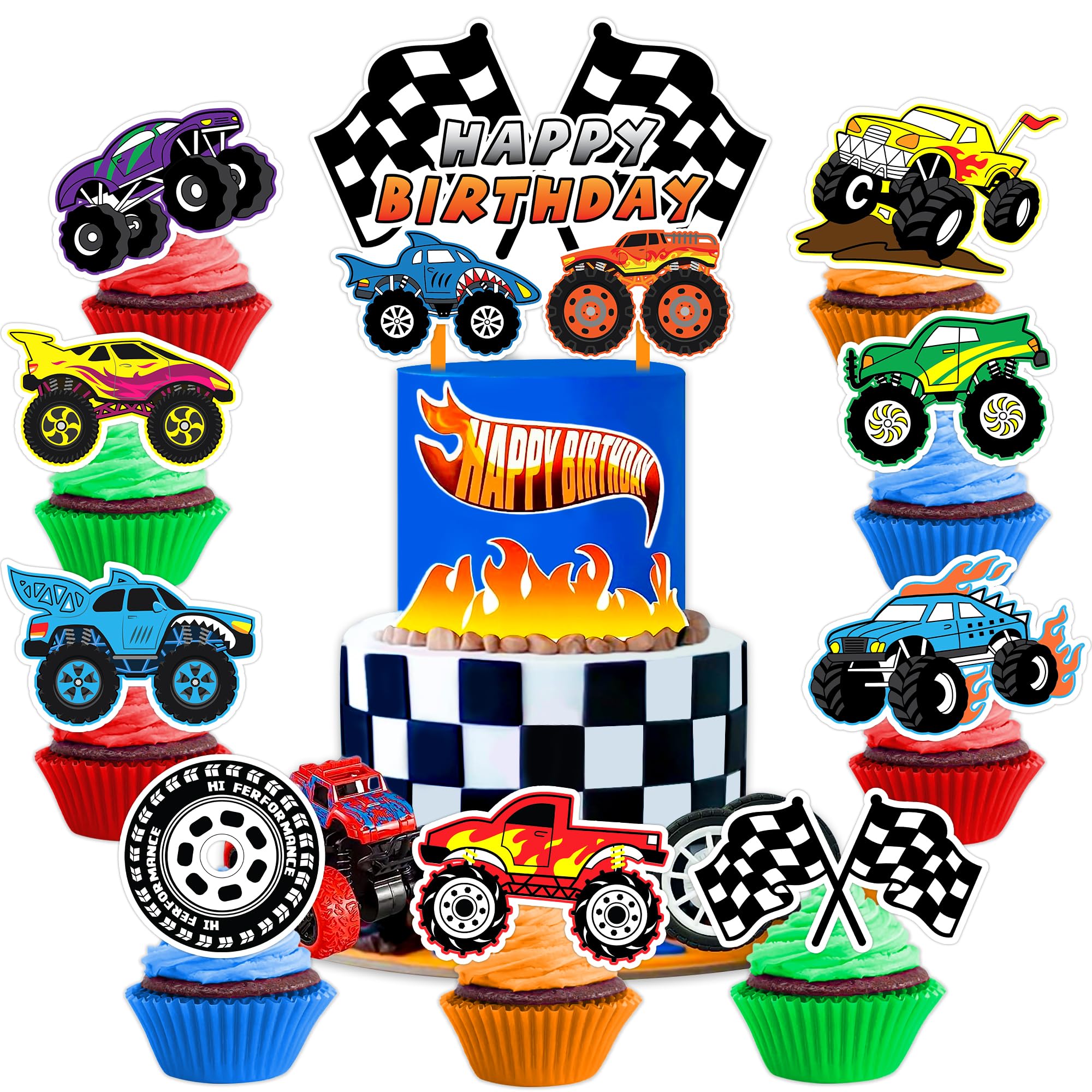 25 PCS Monster Truck Trucks Theme Birthday Party Cake Topper Cupcake Toppers Supplies Decorations Favors Decor Cute Gifts for Games Boys Girls Kids Teen Baby Shower Rewards Prizes Carnival Themed