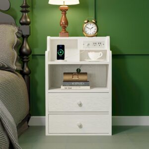 LIKIMIO White Nightstand with Charging Station 2 Drawers and Storage Shelves, Left and Right Interchangeable Sockets Bed Side Table Night Stand with Drawer