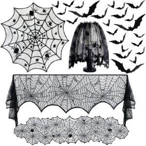 5 pack halloween decorations indoor, halloween mantel decorations, spider web table runners, round table cover and cobweb lampshade with 36pcs scary 3d bat stickers for halloween party decor