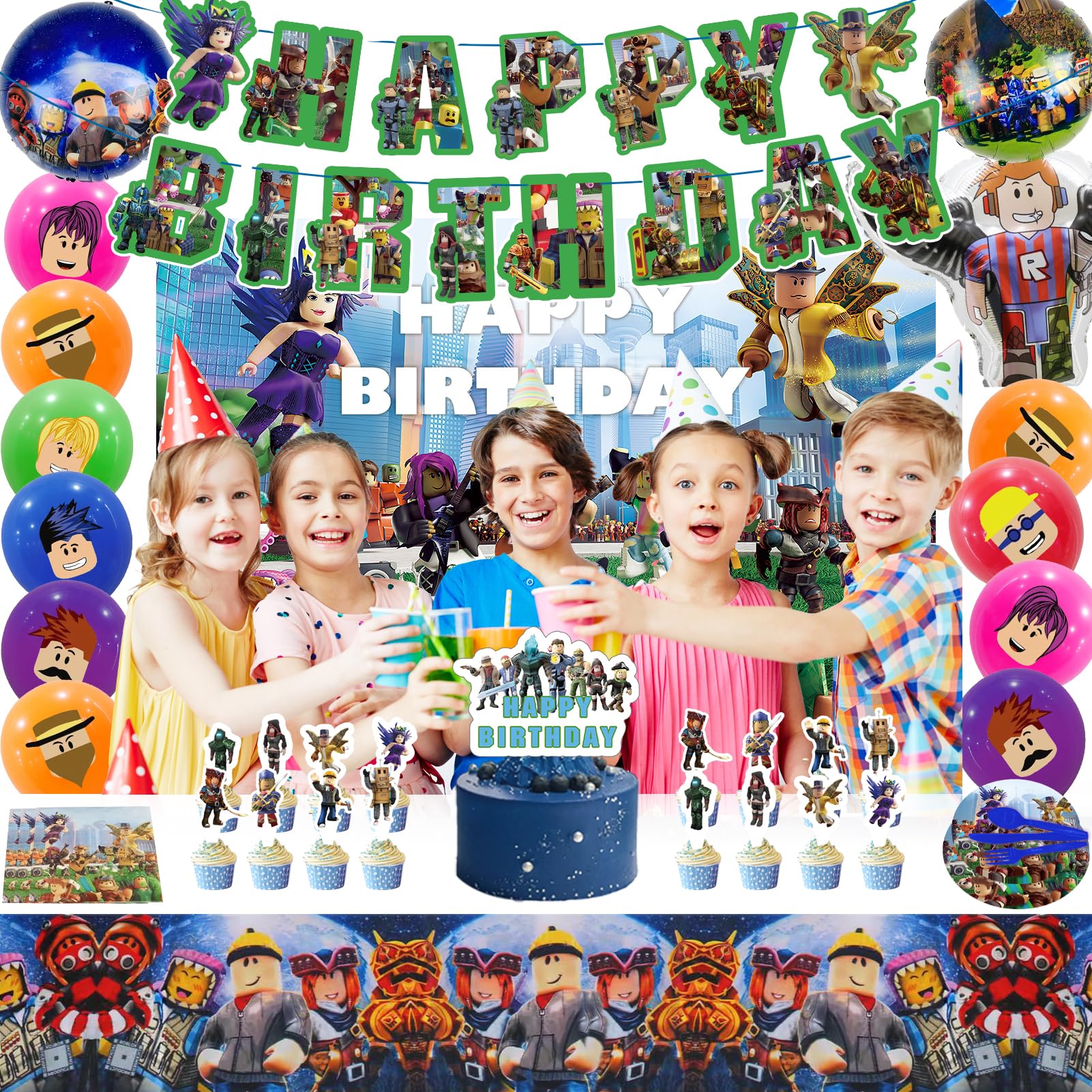 Birthday Party Supplies, Party Decorations Include Happy Birthday Banner, Backdrop, Tableware Set, Tablecloth, Cake Toppers, Cupcake Toppers, Latex Balloons, Hanging Swirls, Aluminium balloon