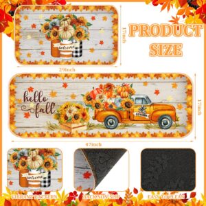 Suttmin 2 Pieces Thanksgiving Fall Kitchen Rugs Hello Fall Mats Pumpkin Sunflower Orange Maple Leaf Mat Floor Rug for Holiday Autumn Thanksgiving Home Decor, 17 x 29 Inches, 17 x 47 Inches