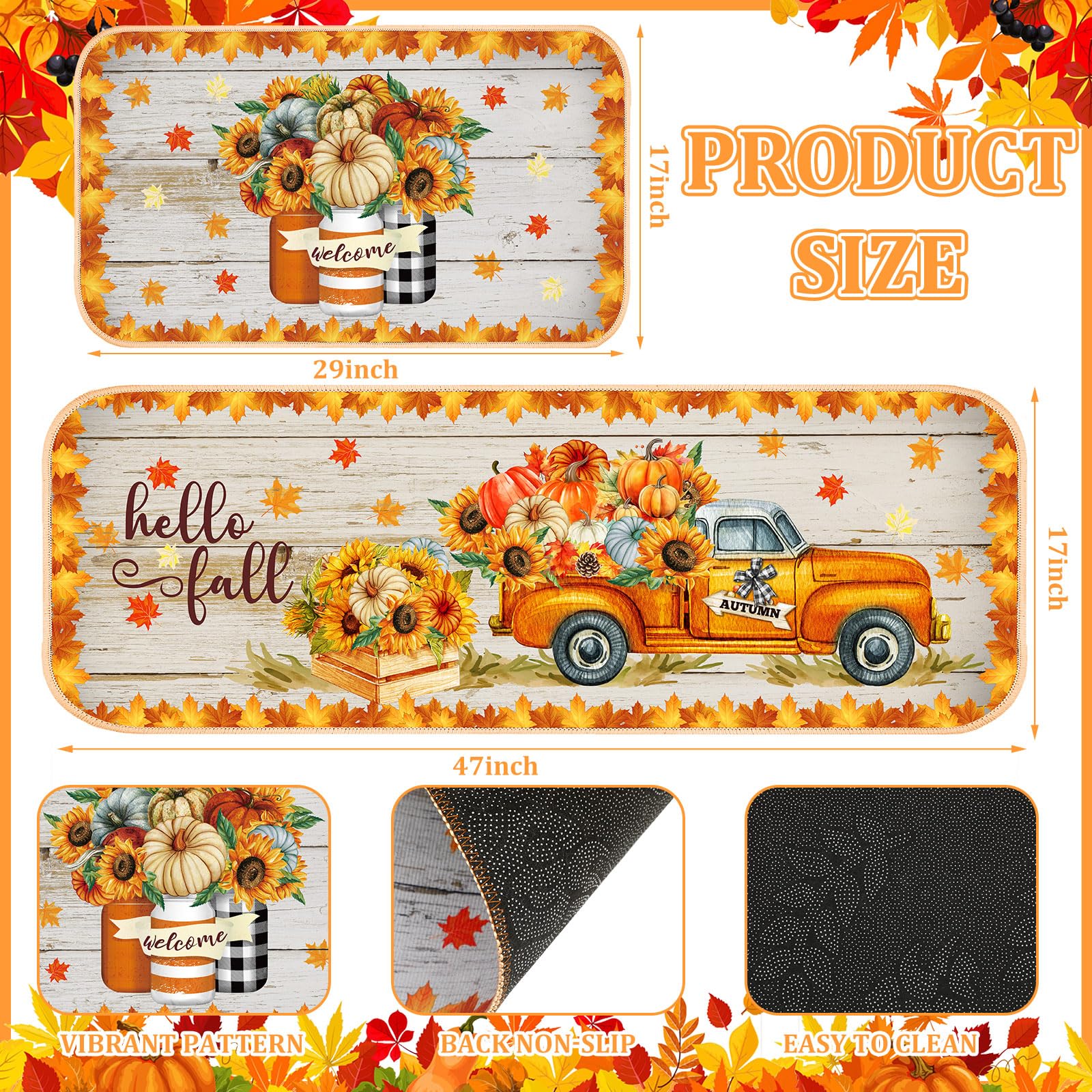 Suttmin 2 Pieces Thanksgiving Fall Kitchen Rugs Hello Fall Mats Pumpkin Sunflower Orange Maple Leaf Mat Floor Rug for Holiday Autumn Thanksgiving Home Decor, 17 x 29 Inches, 17 x 47 Inches