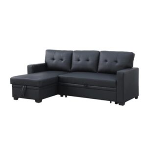 Pemberly Row Faux Leather Reversible Sleeper Sectional Sofa in Black