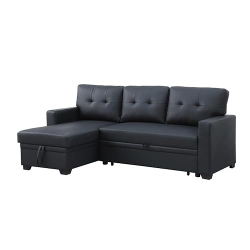 Pemberly Row Faux Leather Reversible Sleeper Sectional Sofa in Black