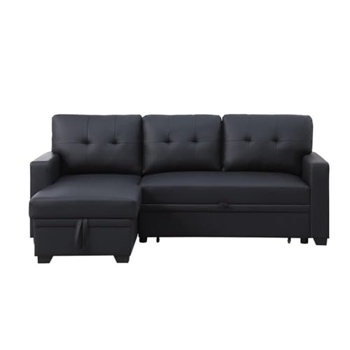 Pemberly Row Faux Leather Reversible Sleeper Sectional Sofa in Black