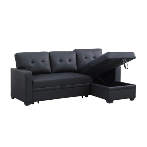 Pemberly Row Faux Leather Reversible Sleeper Sectional Sofa in Black